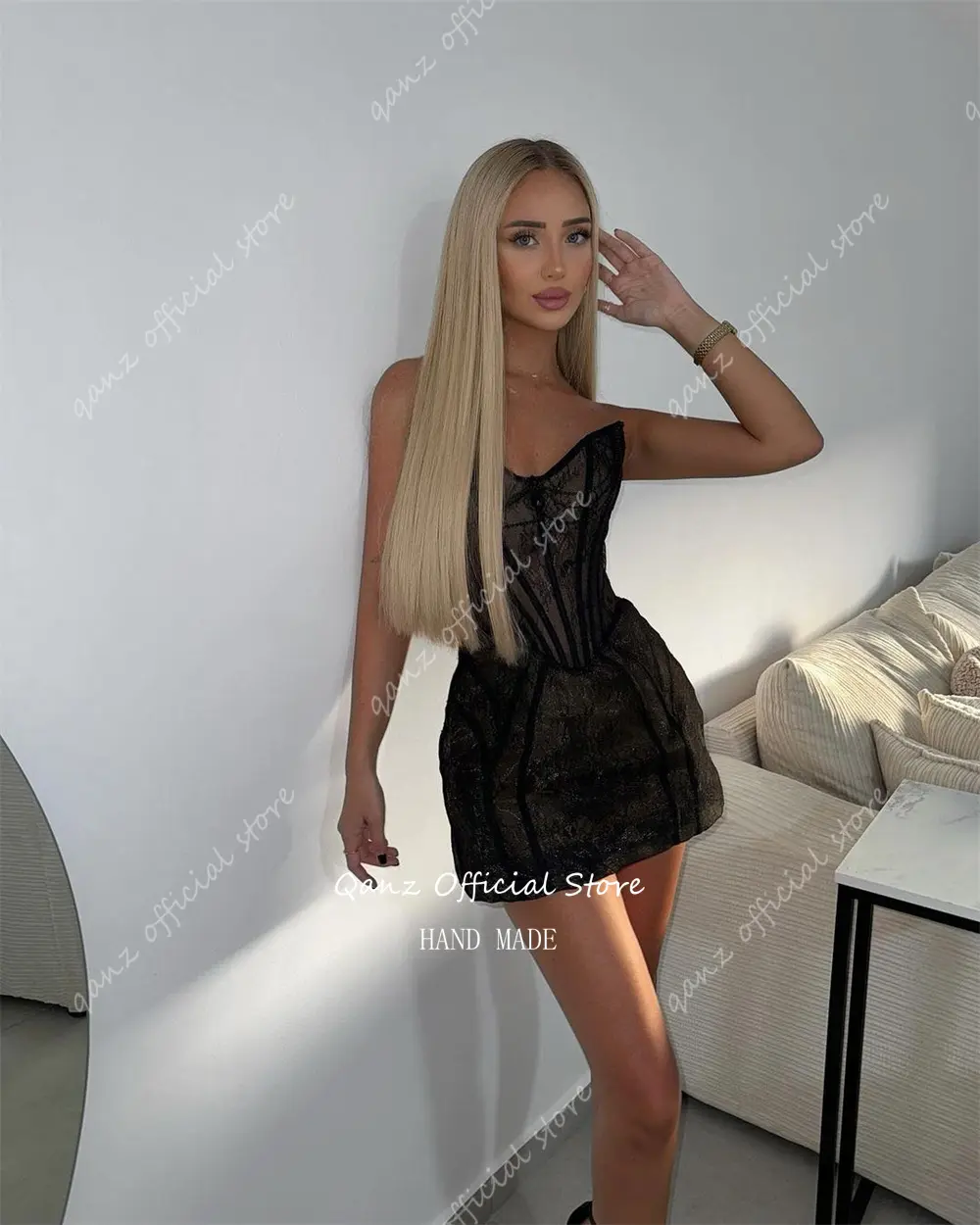 Qanz Sexy Black Lace Prom Dresses Strapless Mini Party Gown Short Corset Celebration Dresses Robe Soirée De Luxe Customized