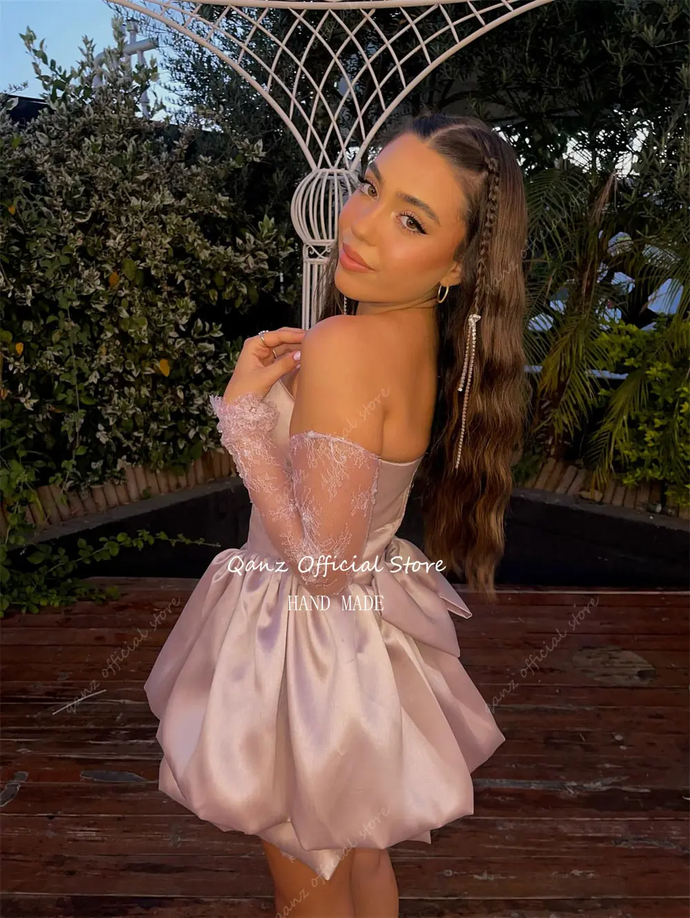 Qanz Pink Sexy Dress Party Night Prom Dress Pink Lace Mini Puff Vestidos Para Eventos Especiales Birthday Party Gowns Customized