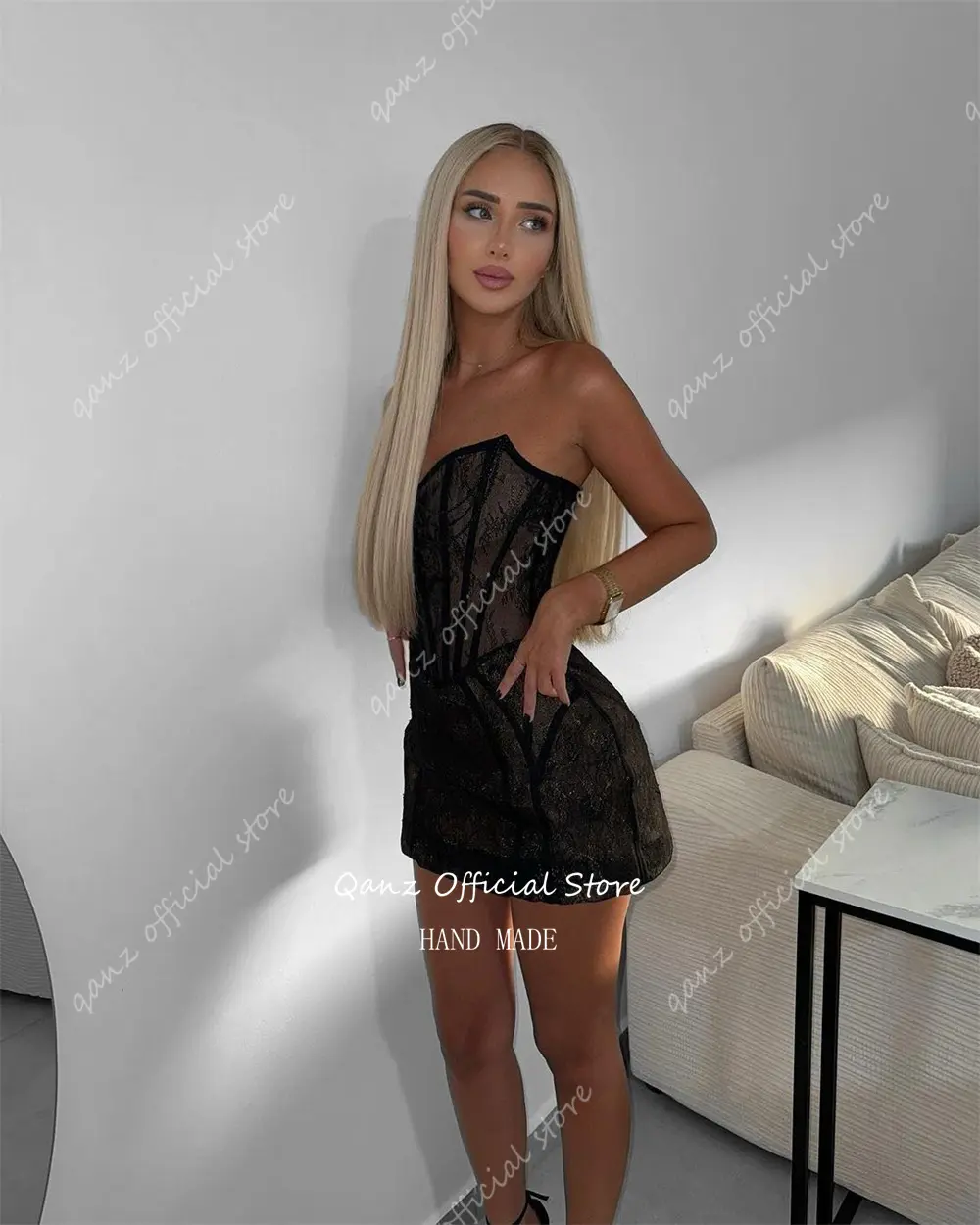Qanz Sexy Black Lace Prom Dresses Strapless Mini Party Gown Short Corset Celebration Dresses Robe Soirée De Luxe Customized