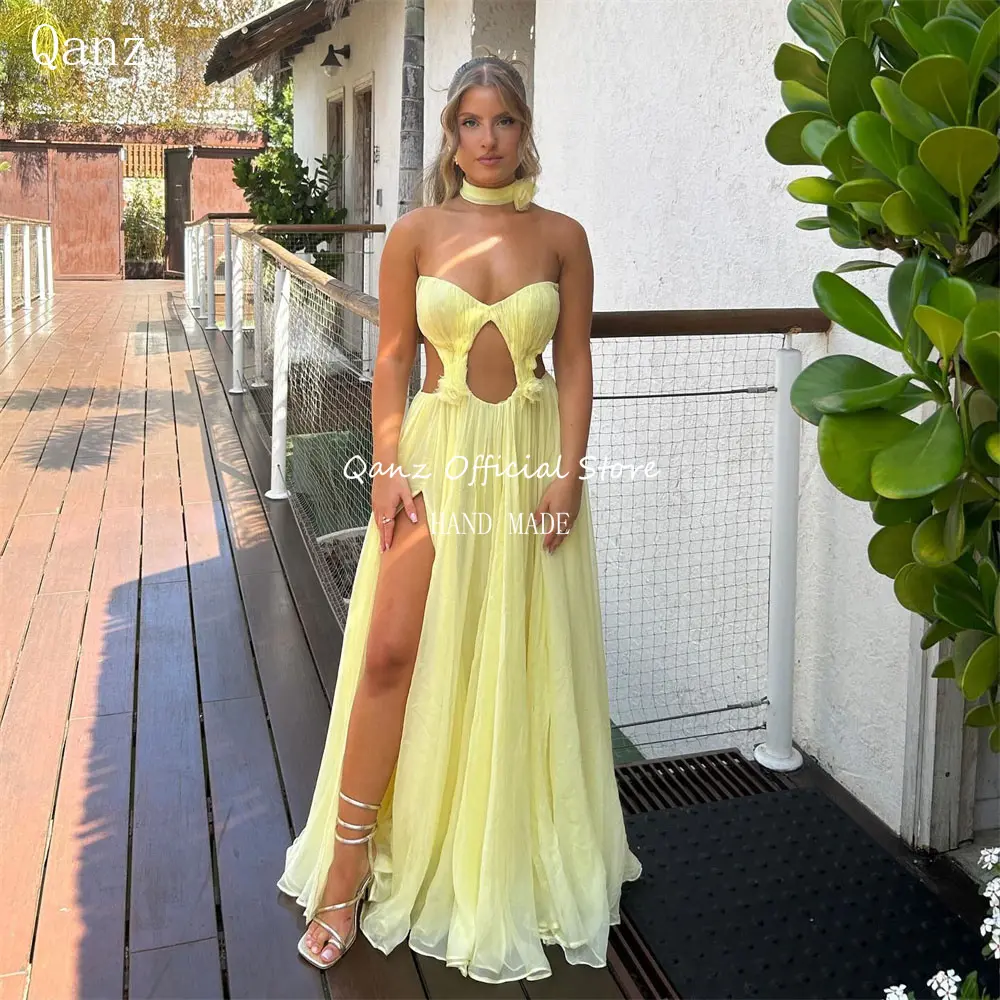 Qanz Elegant Chiffon Prom Dresses High Slit Yellow Wedding Dress Guest Sweetheart Floor Length Corset Evening Gowns Customized
