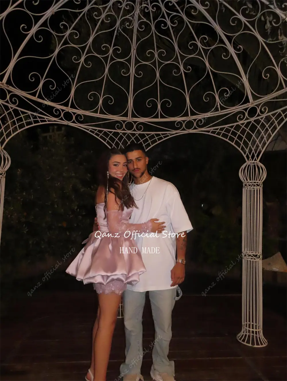 Qanz Pink Sexy Dress Party Night Prom Dress Pink Lace Mini Puff Vestidos Para Eventos Especiales Birthday Party Gowns Customized