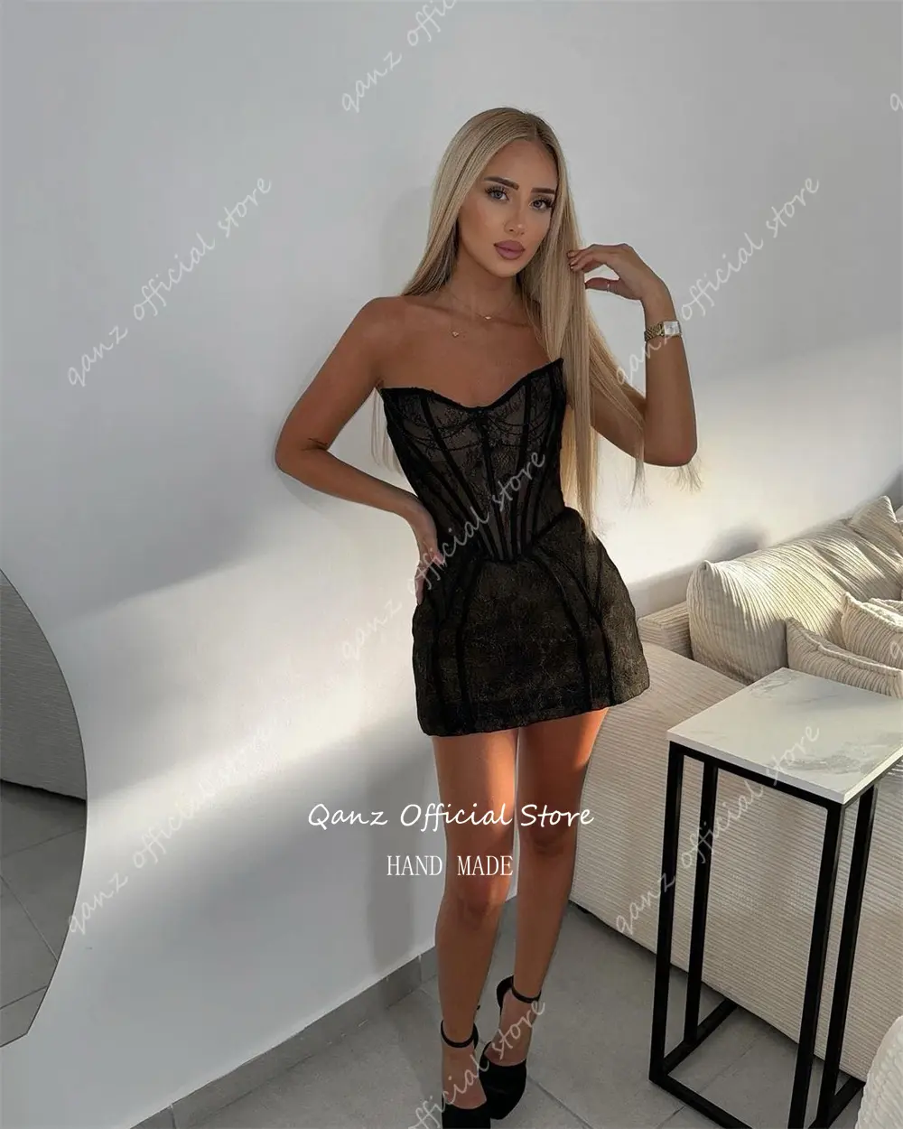Qanz Sexy Black Lace Prom Dresses Strapless Mini Party Gown Short Corset Celebration Dresses Robe Soirée De Luxe Customized