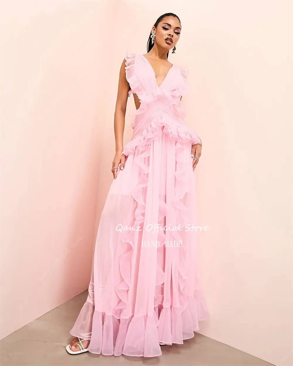 Qanz Chic Prom Dresses V Neck Pink Chiffon Ruffles High Slit Robe De Soirée Femme Sexy Backless Evening Dress Women Customized