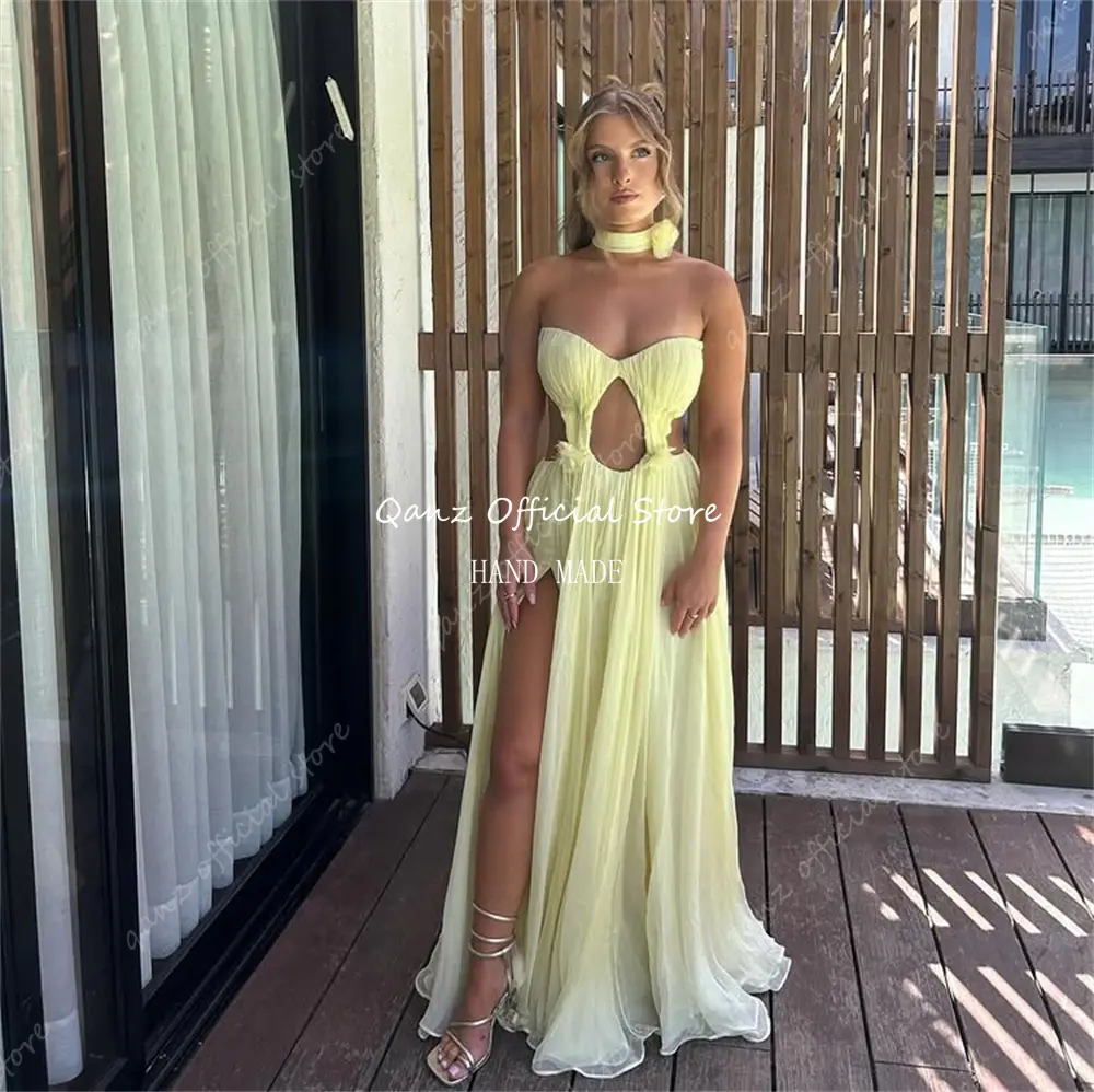 Qanz Elegant Chiffon Prom Dresses High Slit Yellow Wedding Dress Guest Sweetheart Floor Length Corset Evening Gowns Customized