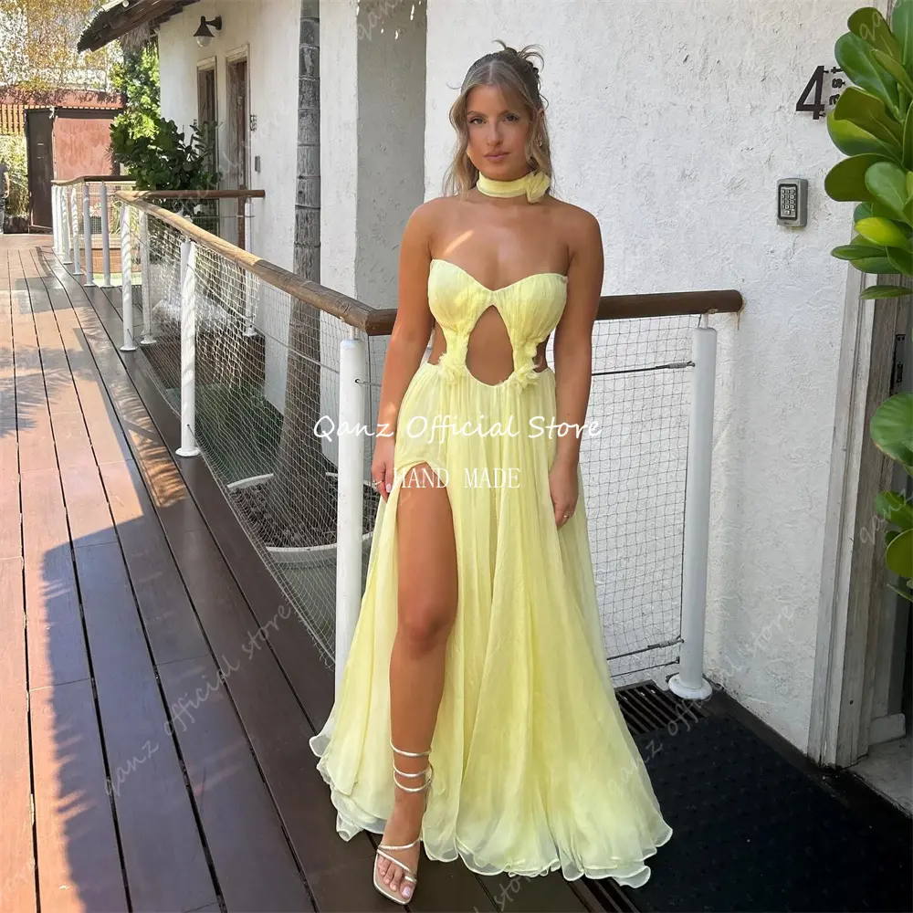 Qanz Elegant Chiffon Prom Dresses High Slit Yellow Wedding Dress Guest Sweetheart Floor Length Corset Evening Gowns Customized