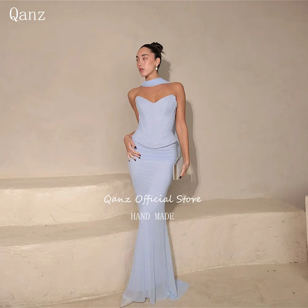 Qanz Baby Blue Chiffon Prom Dresses Mermaid Modst Vestidos De Fiesta Strapless Corset back Robe De Soirée Women Customized