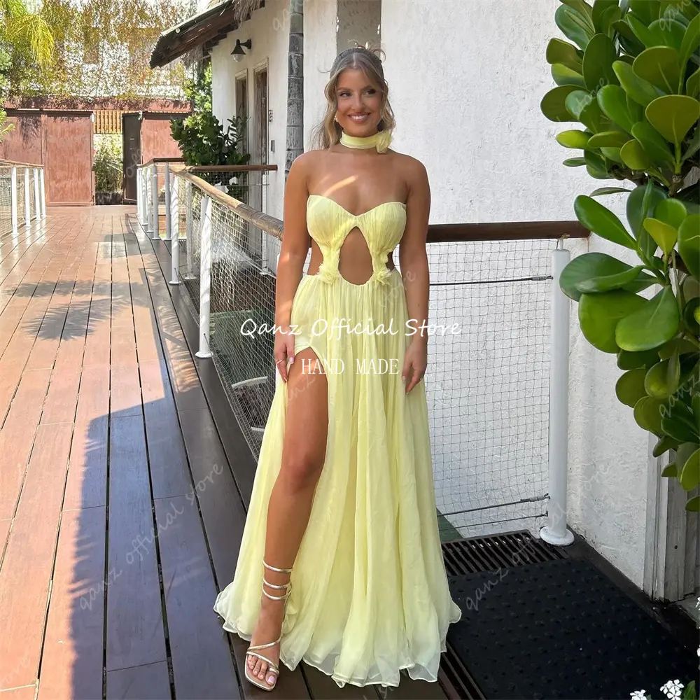 Qanz Elegant Chiffon Prom Dresses High Slit Yellow Wedding Dress Guest Sweetheart Floor Length Corset Evening Gowns Customized