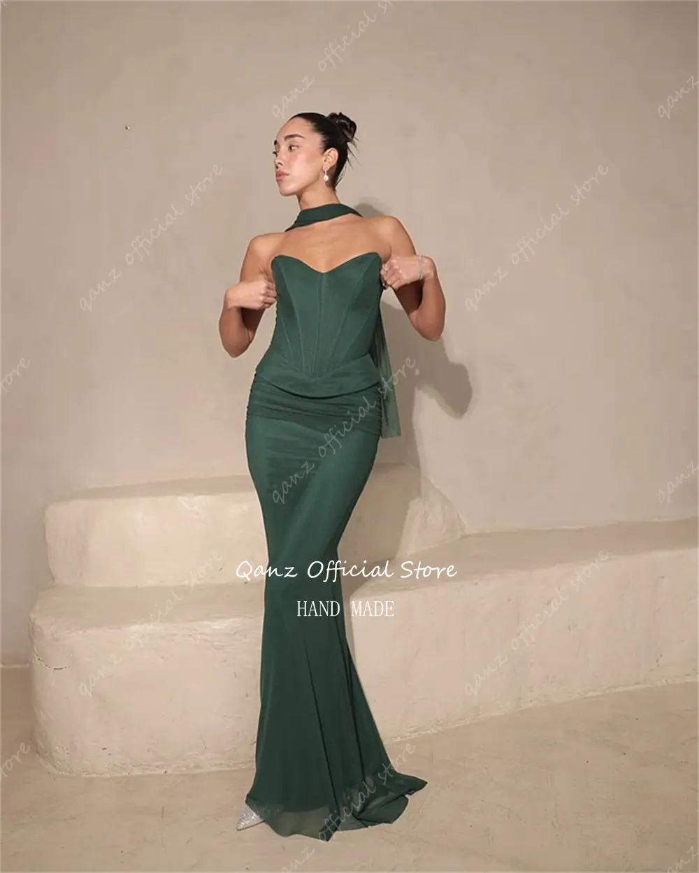 Qanz Baby Blue Chiffon Prom Dresses Mermaid Modst Vestidos De Fiesta Strapless Corset back Robe De Soirée Women Customized