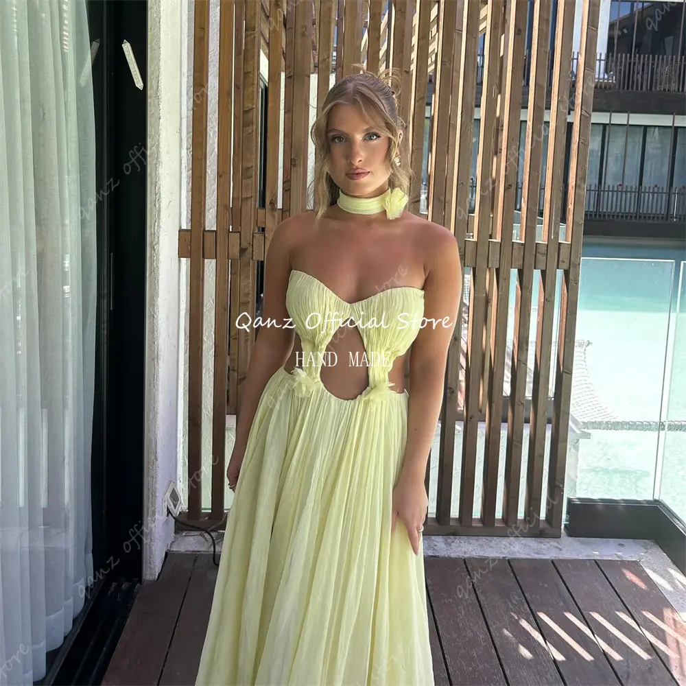 Qanz Elegant Chiffon Prom Dresses High Slit Yellow Wedding Dress Guest Sweetheart Floor Length Corset Evening Gowns Customized