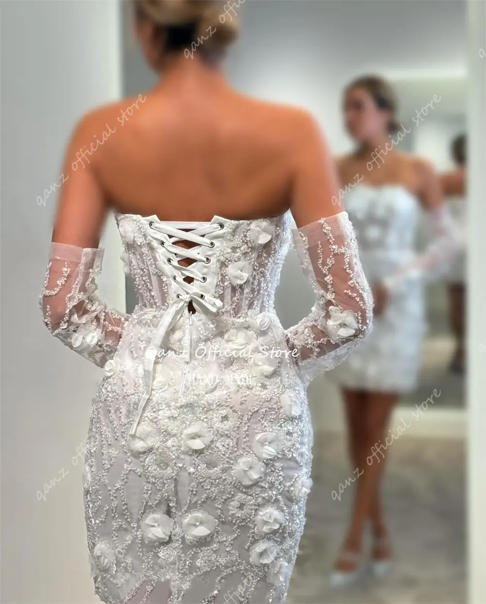 Qanz Gorgeous Flowers Wedding Dress Long Sleeves Above Length Robe De Mariée Sexy Open Back Short Party Gown Women Customized