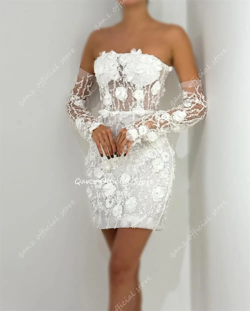 Qanz Gorgeous Flowers Wedding Dress Long Sleeves Above Length Robe De Mariée Sexy Open Back Short Party Gown Women Customized