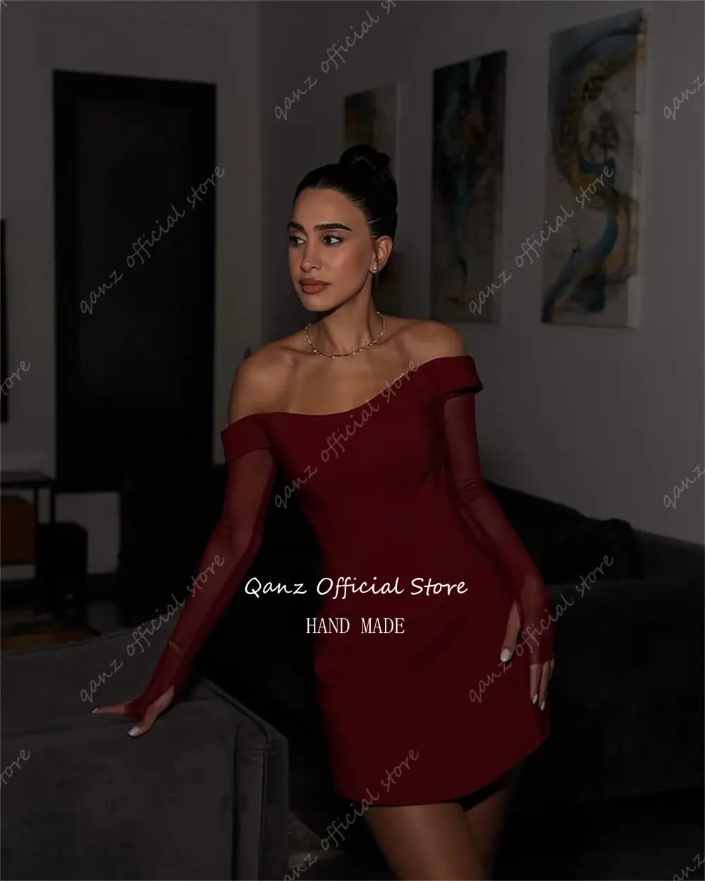 Qanz Burgundy Mini Prom Dresses Off The Shoulder Short Satin Elegant Dresses For Special Event Sexy Party Night Gowns Customized