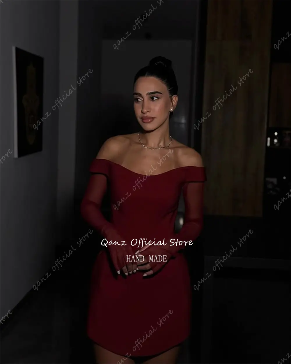 Qanz Burgundy Mini Prom Dresses Off The Shoulder Short Satin Elegant Dresses For Special Event Sexy Party Night Gowns Customized