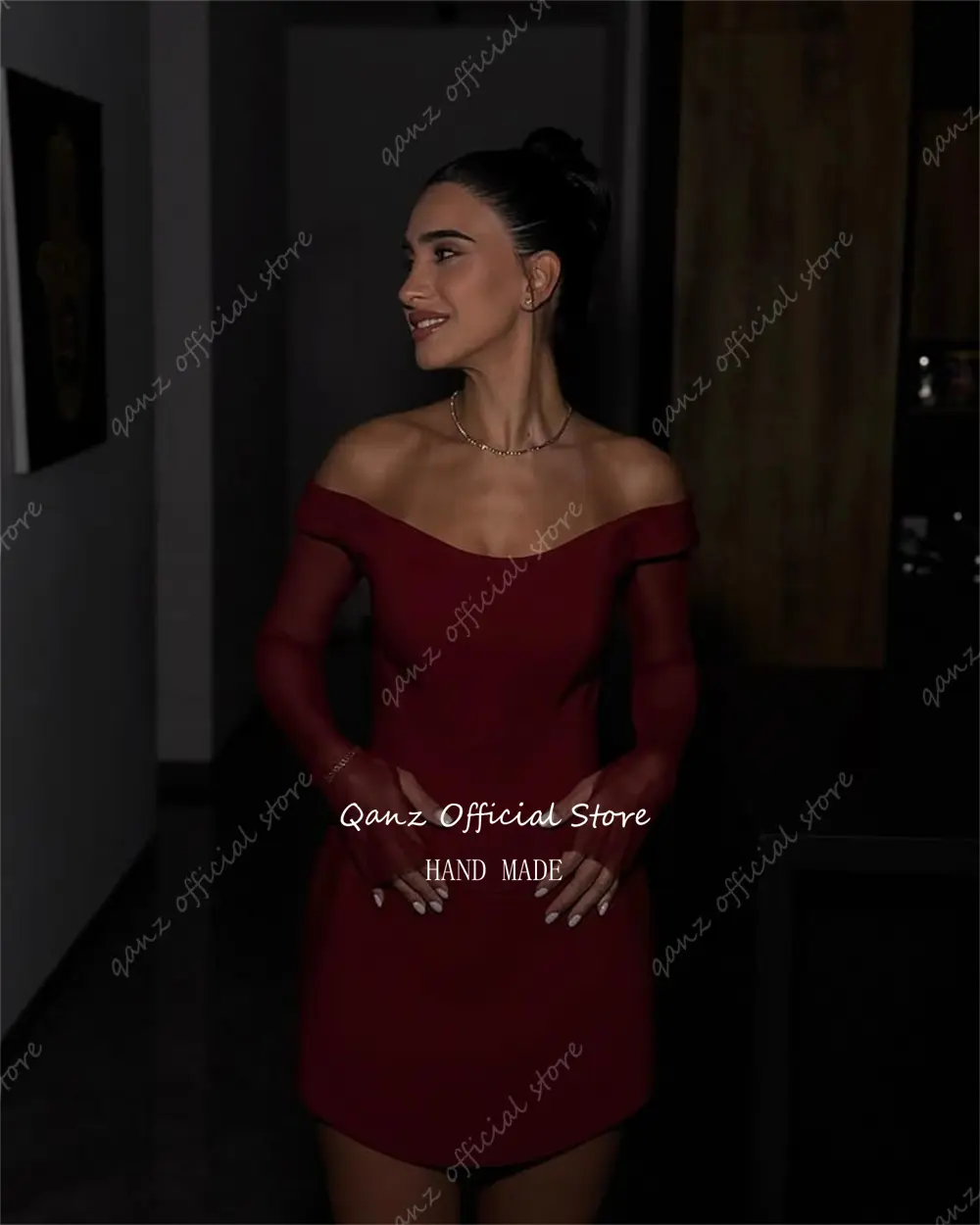 Qanz Burgundy Mini Prom Dresses Off The Shoulder Short Satin Elegant Dresses For Special Event Sexy Party Night Gowns Customized