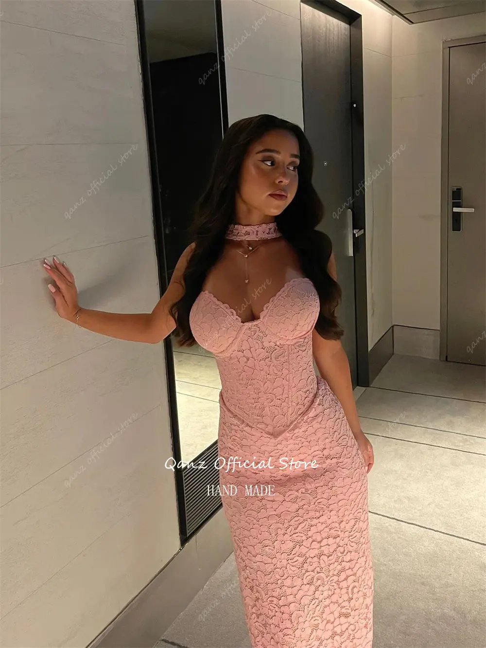 Qanz Elegant Pink Prom Dresses Lace Appliques Sweetheart Mermaid Formal Evening Dress Corset Back Robes De Soirée Customized