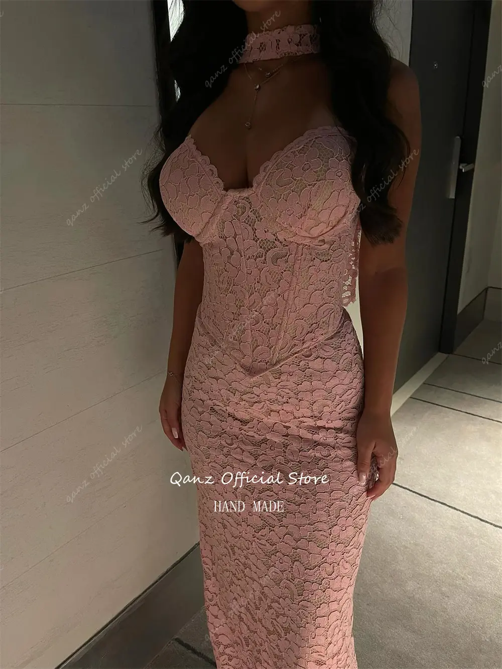 Qanz Elegant Pink Prom Dresses Lace Appliques Sweetheart Mermaid Formal Evening Dress Corset Back Robes De Soirée Customized