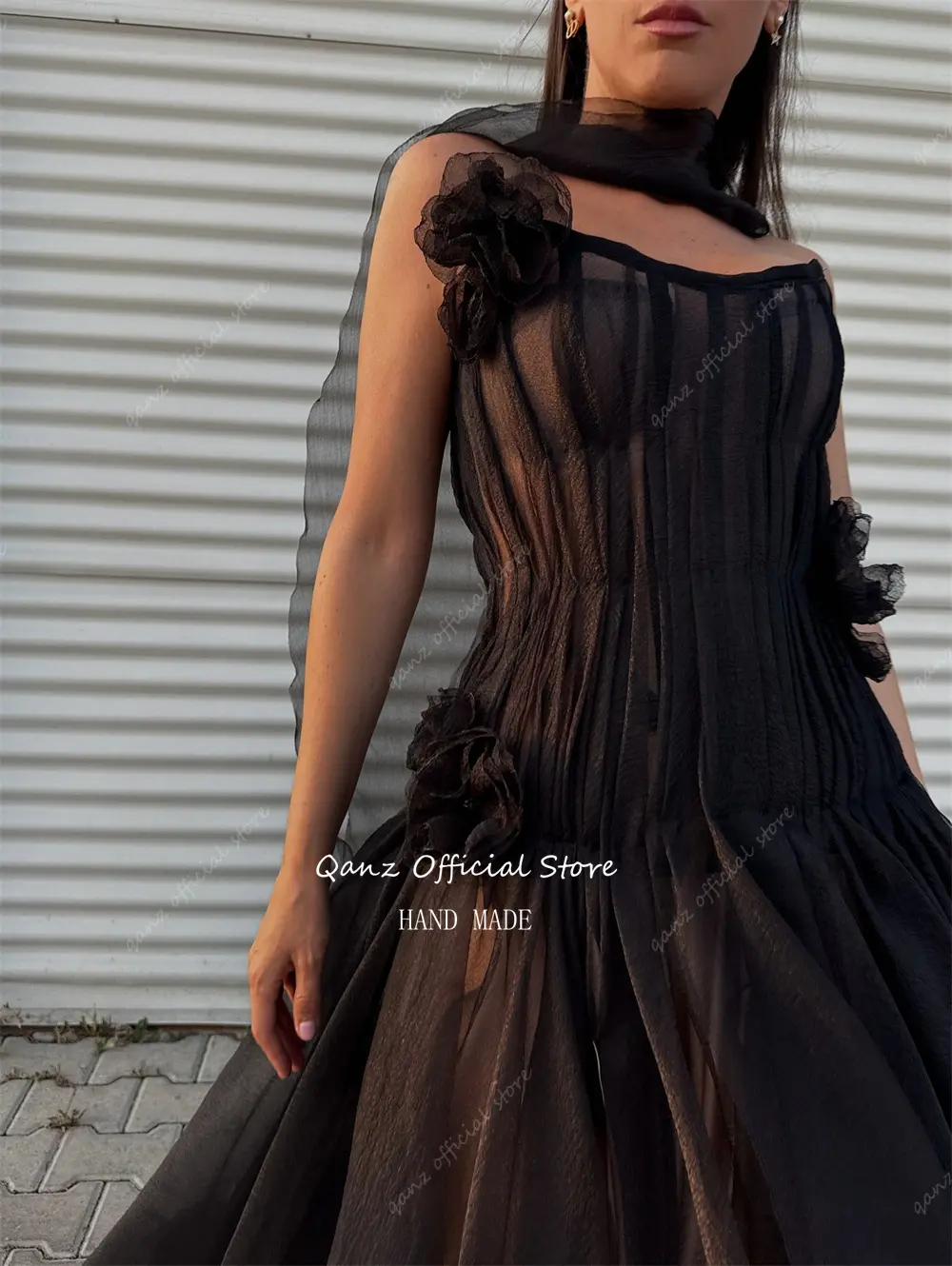 Qanz Black Prom Dresses Long A Line Formal Evening Dress Women Flowers Floor Length Vestido De Gala Noche Mujer Customized