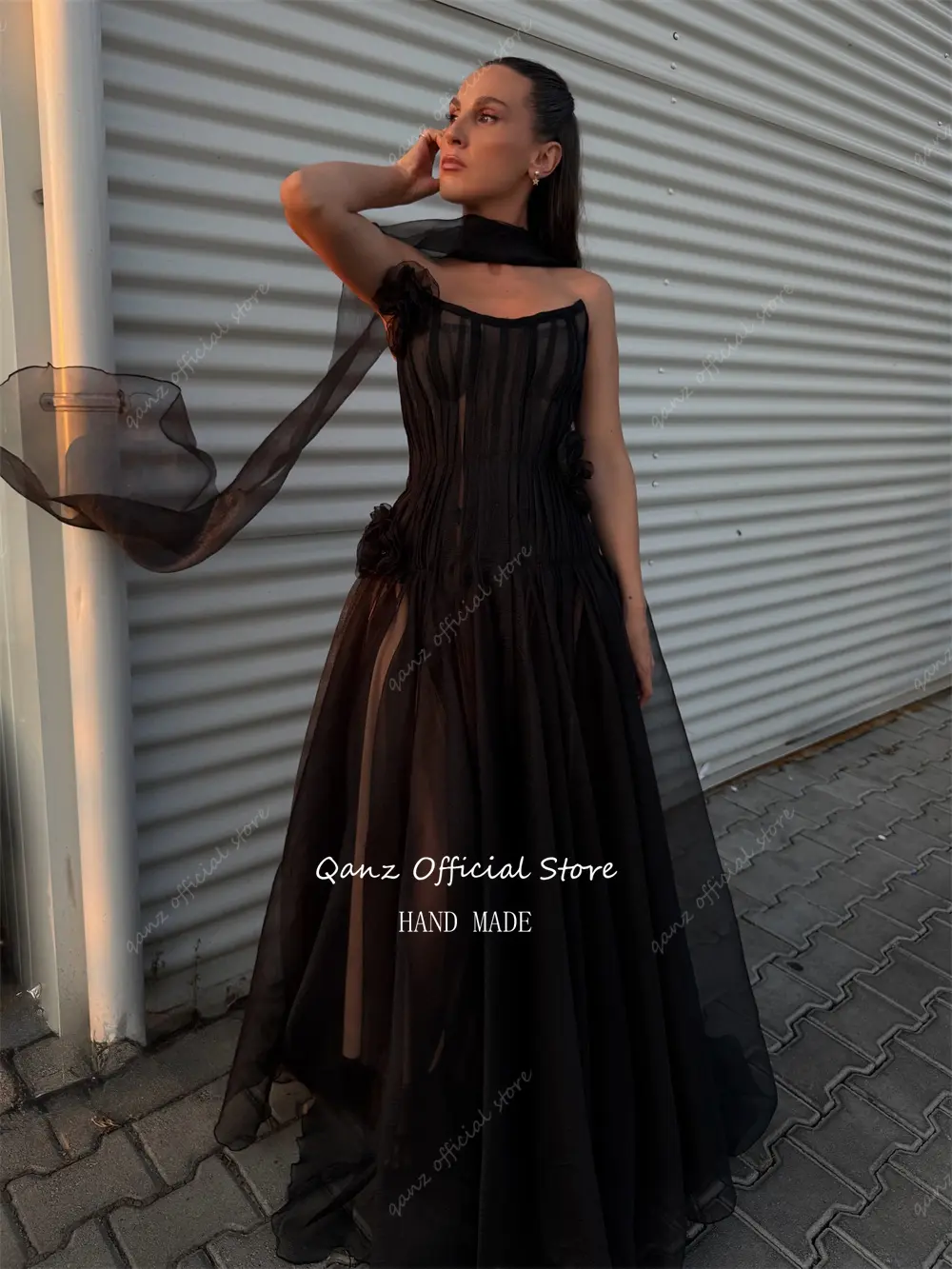 Qanz Black Prom Dresses Long A Line Formal Evening Dress Women Flowers Floor Length Vestido De Gala Noche Mujer Customized