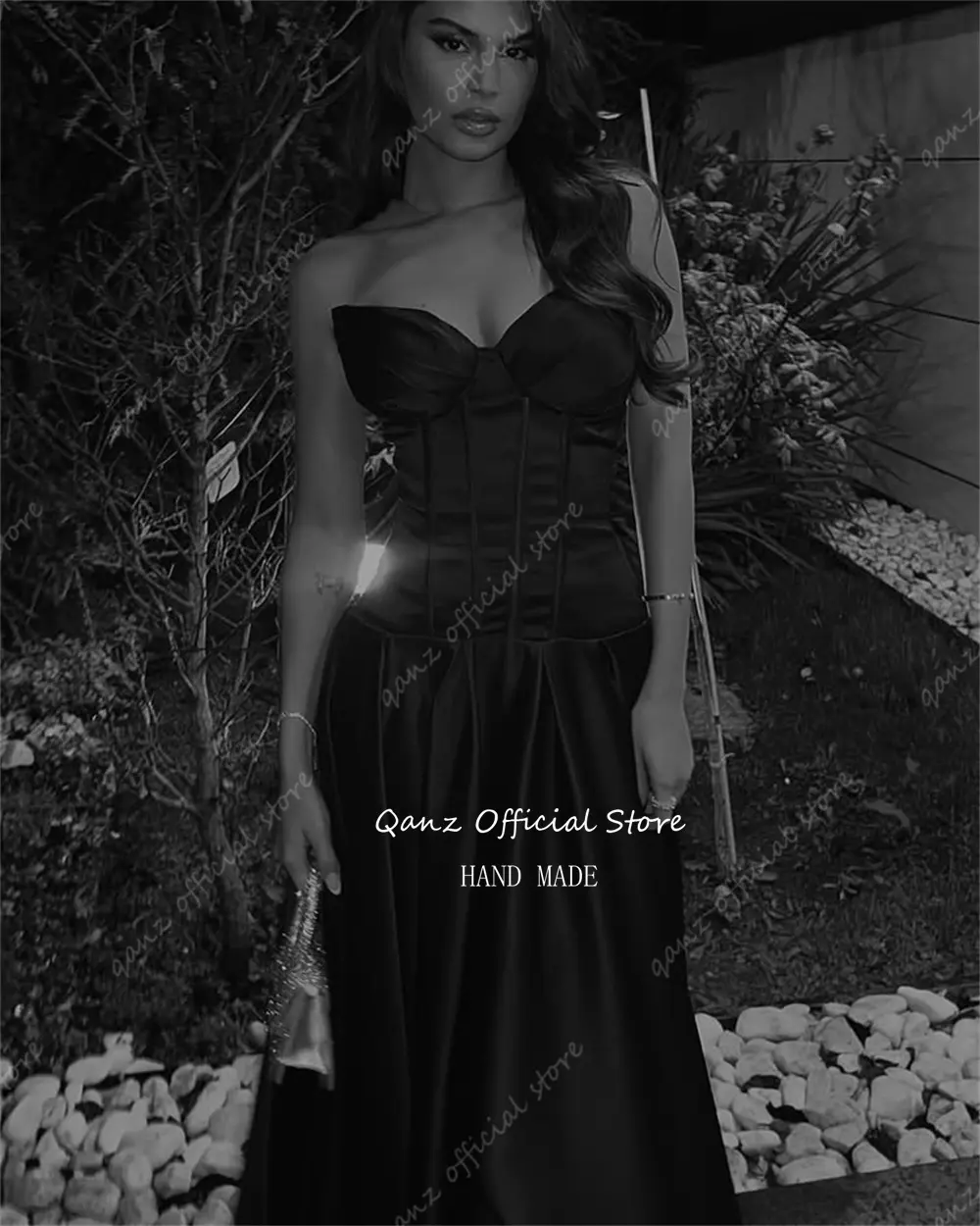 Qanz Modest Black Satin Evening Dresses Women Sweetheart Long A Line Corset Formal Event Dress Vestidos De Fiesta Customized