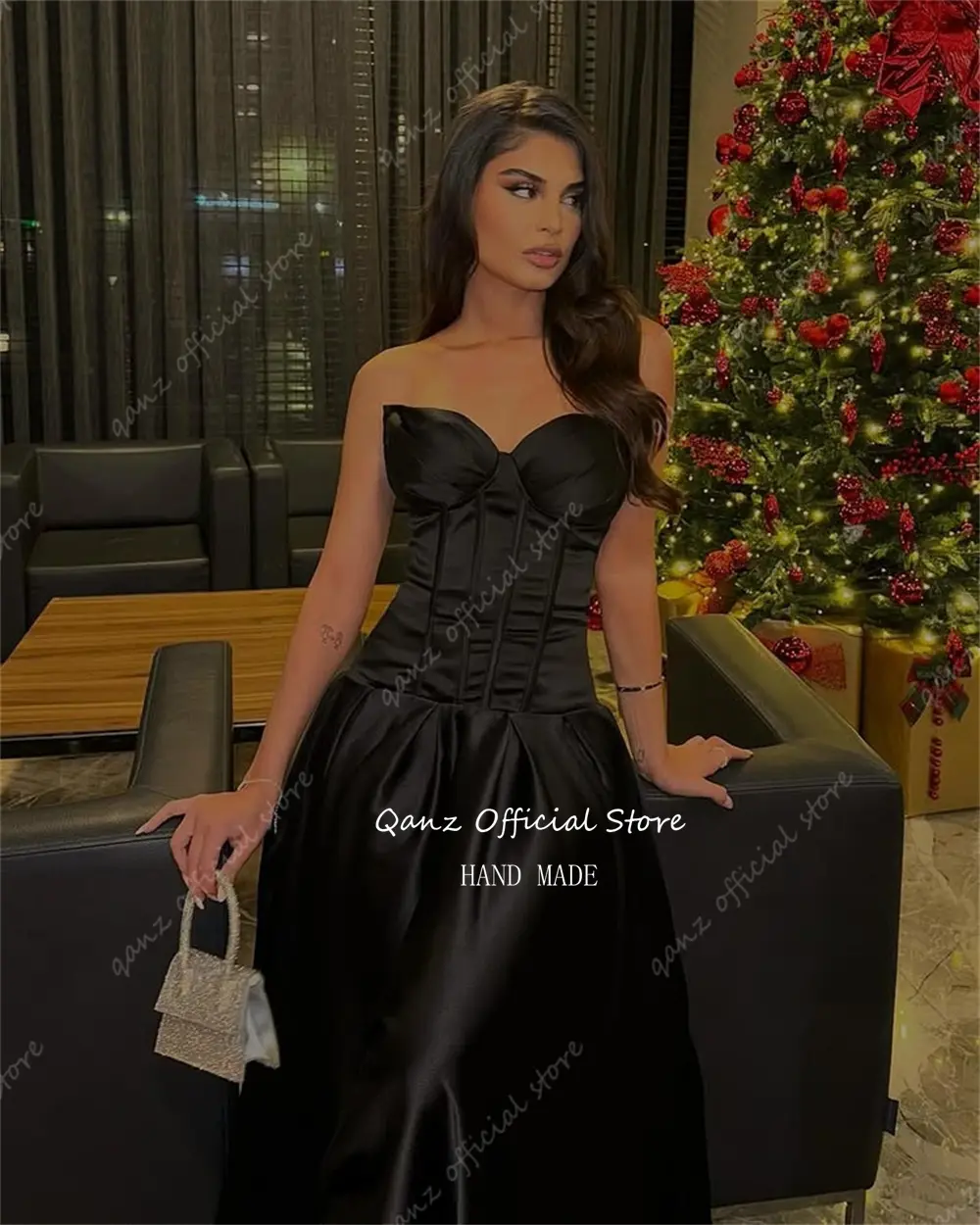 Qanz Modest Black Satin Evening Dresses Women Sweetheart Long A Line Corset Formal Event Dress Vestidos De Fiesta Customized