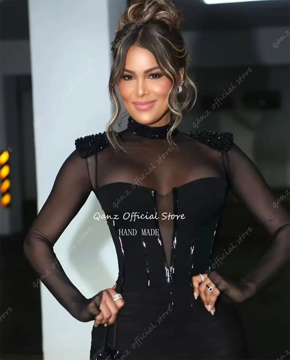 Qanz Sexy Illusion Black Evening Dresses Long Sleeves Mermaid Formal Party Dresses Stretchy Tulle Vestidos De Fiesta Customized