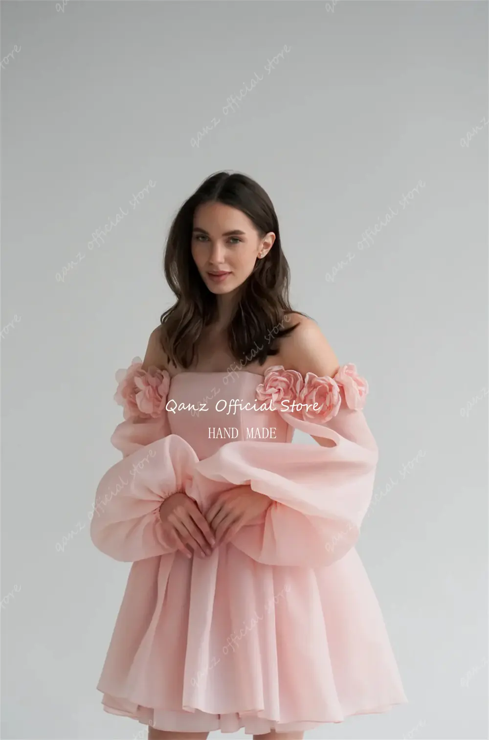 Qanz Chic Organza Prom Dresses Pink 3D Handmade Flowers Short A Line Lace Up Back Lantern Sleeves Vestido De Gala Customized