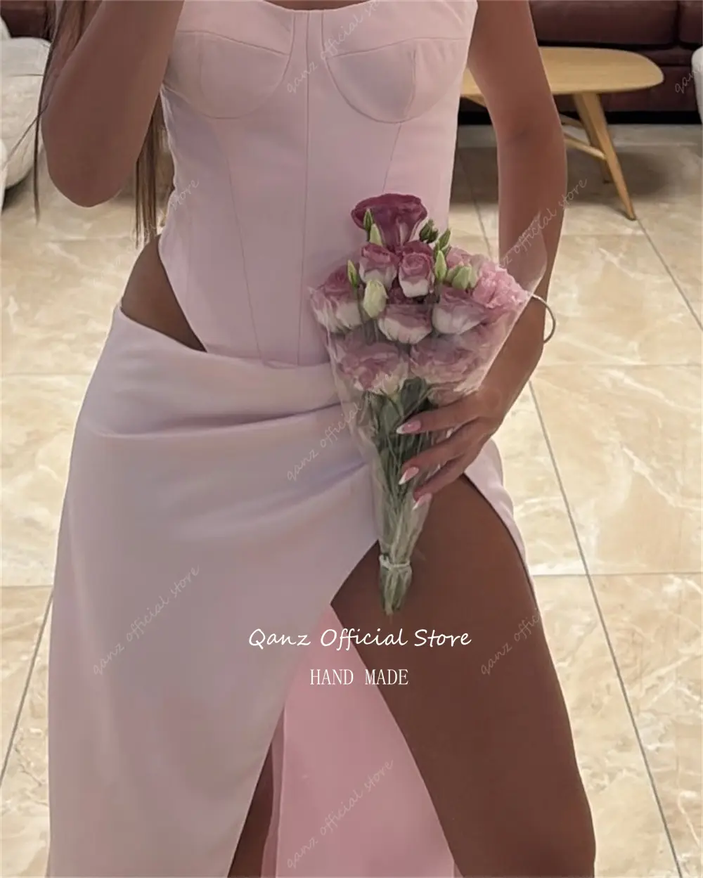 Qanz Sexy Mermaid Prom Dresses High Leg Slit Satin Sweetheart Pink Evening Dress Women Backless Vestidos De Noite Customized