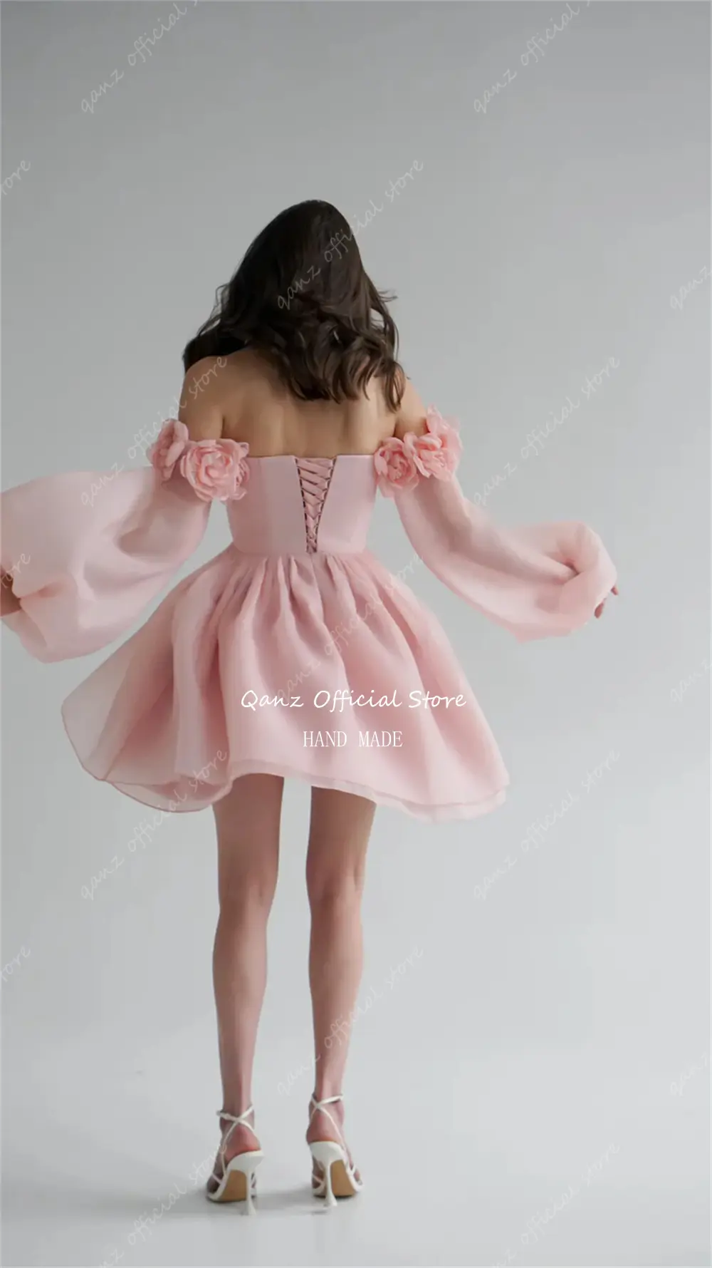 Qanz Chic Organza Prom Dresses Pink 3D Handmade Flowers Short A Line Lace Up Back Lantern Sleeves Vestido De Gala Customized