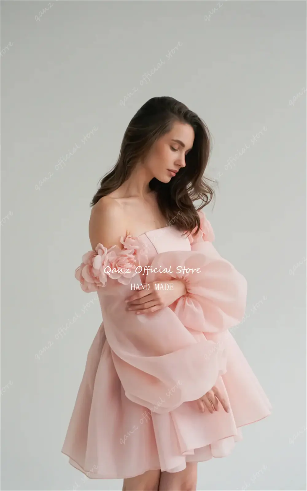 Qanz Chic Organza Prom Dresses Pink 3D Handmade Flowers Short A Line Lace Up Back Lantern Sleeves Vestido De Gala Customized