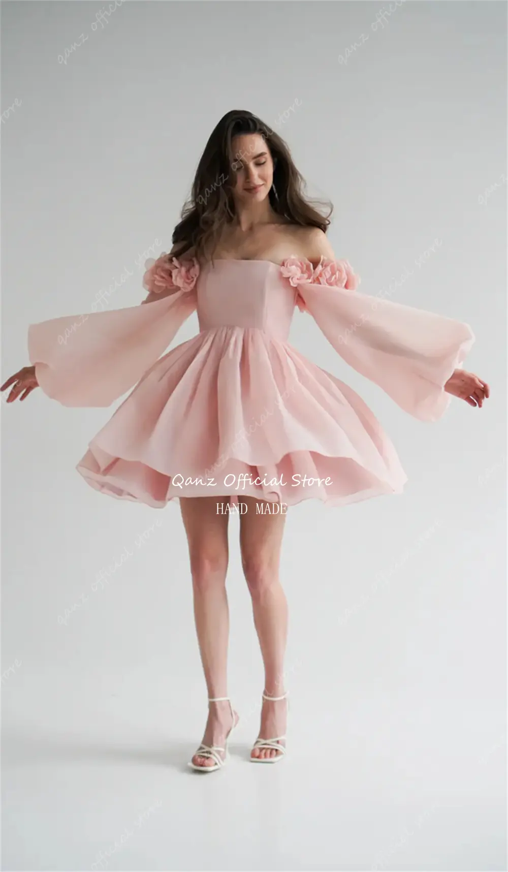 Qanz Chic Organza Prom Dresses Pink 3D Handmade Flowers Short A Line Lace Up Back Lantern Sleeves Vestido De Gala Customized