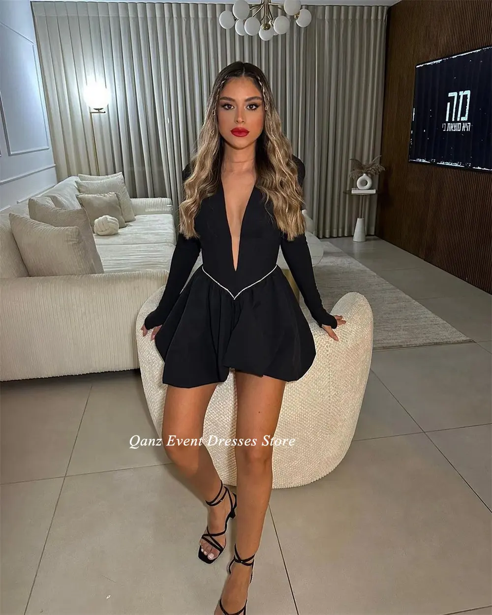 Qanz Sexy Short Prom Dresses Black Deep V Neck Long Sleeves Mini Birthday Dress For Women Cocktail Dresses Women Customized