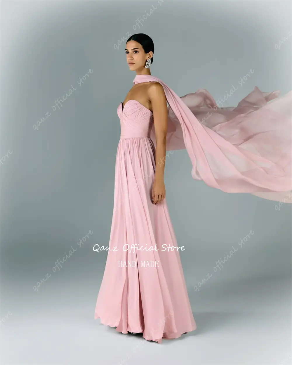 Qanz Elegant Chiffon Evening Dresses Pink with Scarf Floor Length Abiti Per Occasioni Formali Backless Prom Dresses Customized