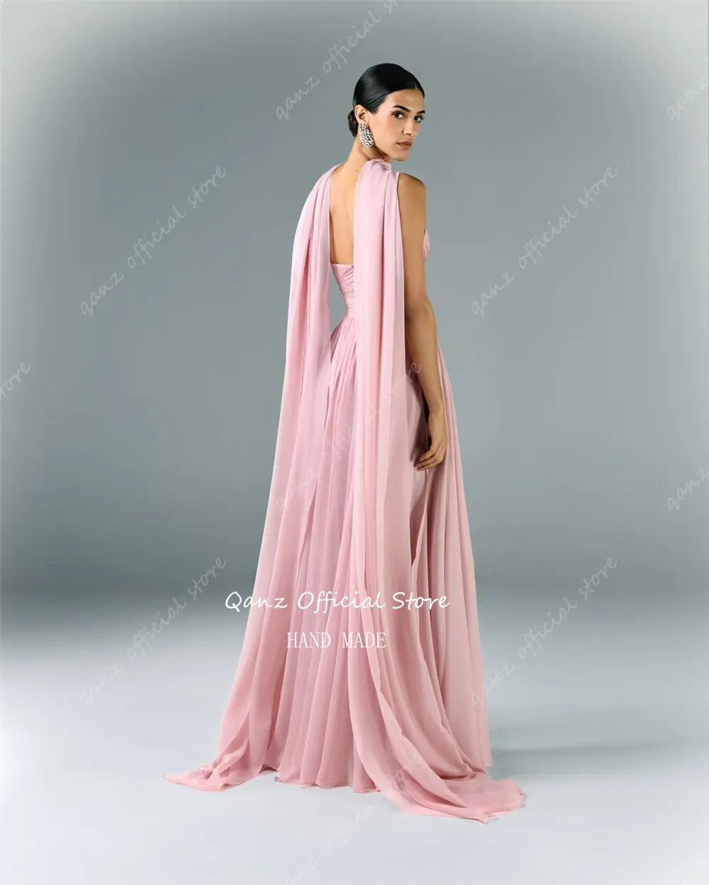 Qanz Elegant Chiffon Evening Dresses Pink with Scarf Floor Length Abiti Per Occasioni Formali Backless Prom Dresses Customized