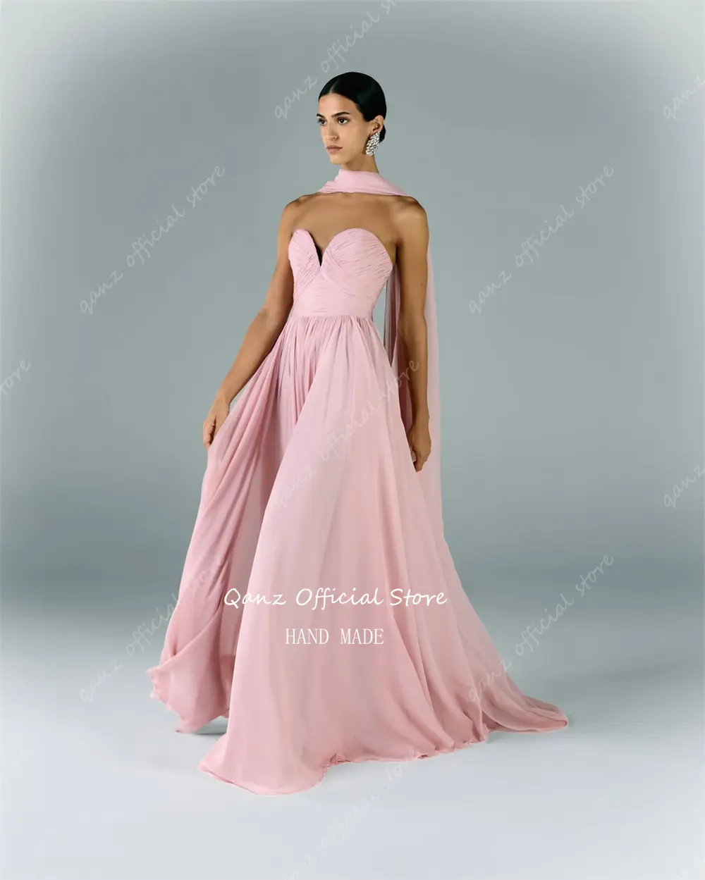 Qanz Elegant Chiffon Evening Dresses Pink with Scarf Floor Length Abiti Per Occasioni Formali Backless Prom Dresses Customized