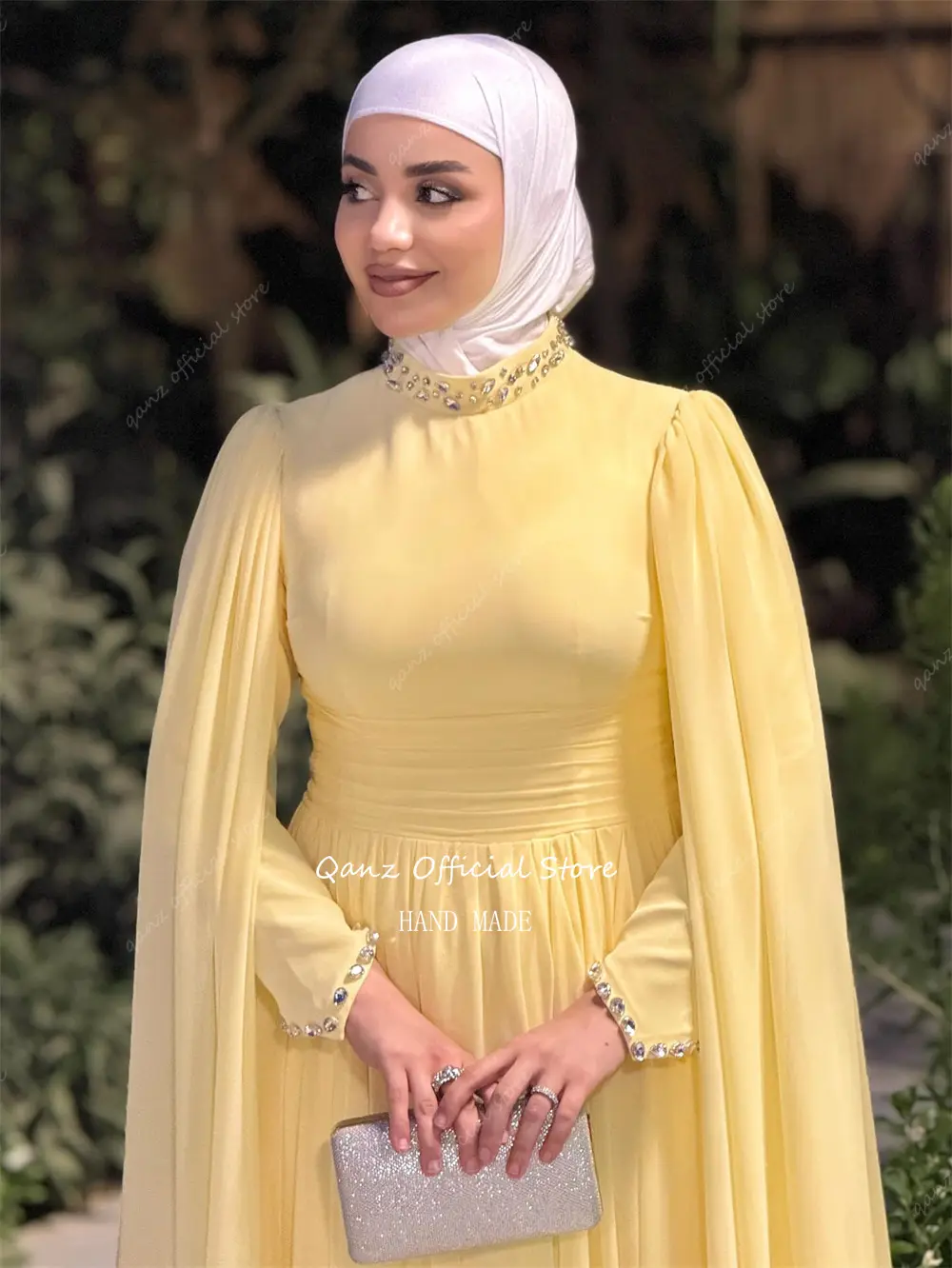 Qanz Formal Long Evening Dresses Yellown Chiffon Muslim Full Sleeves Sequined Vestido De Gala Noche Mujer Prom Gown Customized
