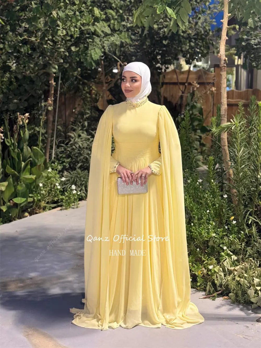 Qanz Formal Long Evening Dresses Yellown Chiffon Muslim Full Sleeves Sequined Vestido De Gala Noche Mujer Prom Gown Customized