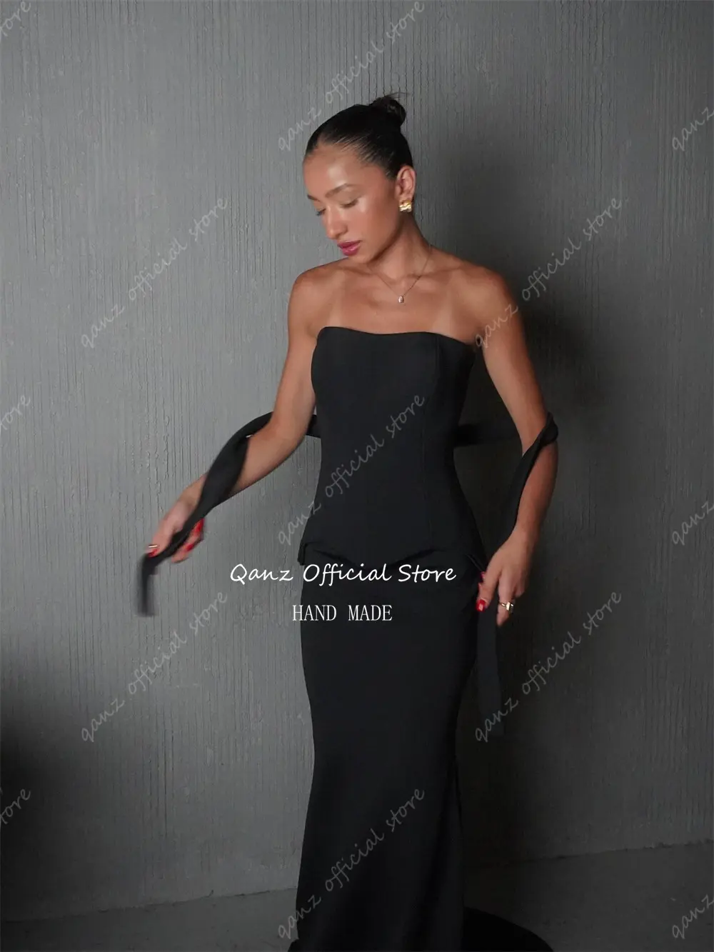 Qanz Vintage Black Satin Evening Dresses Women Strapless Mermaid Formal Occasion Dresses Robes De Soirée 2025 Customized