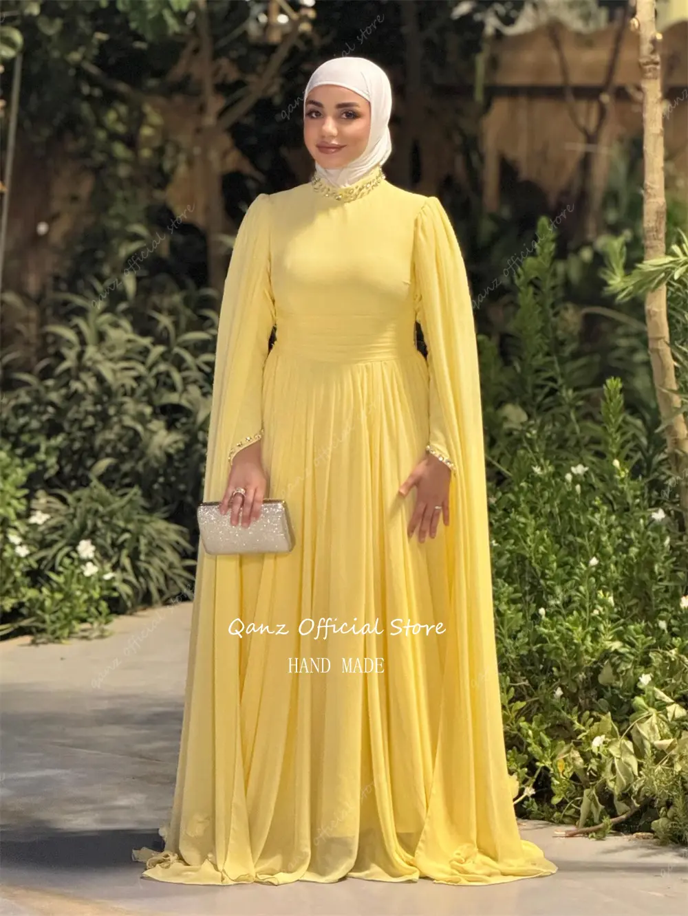 Qanz Formal Long Evening Dresses Yellown Chiffon Muslim Full Sleeves Sequined Vestido De Gala Noche Mujer Prom Gown Customized