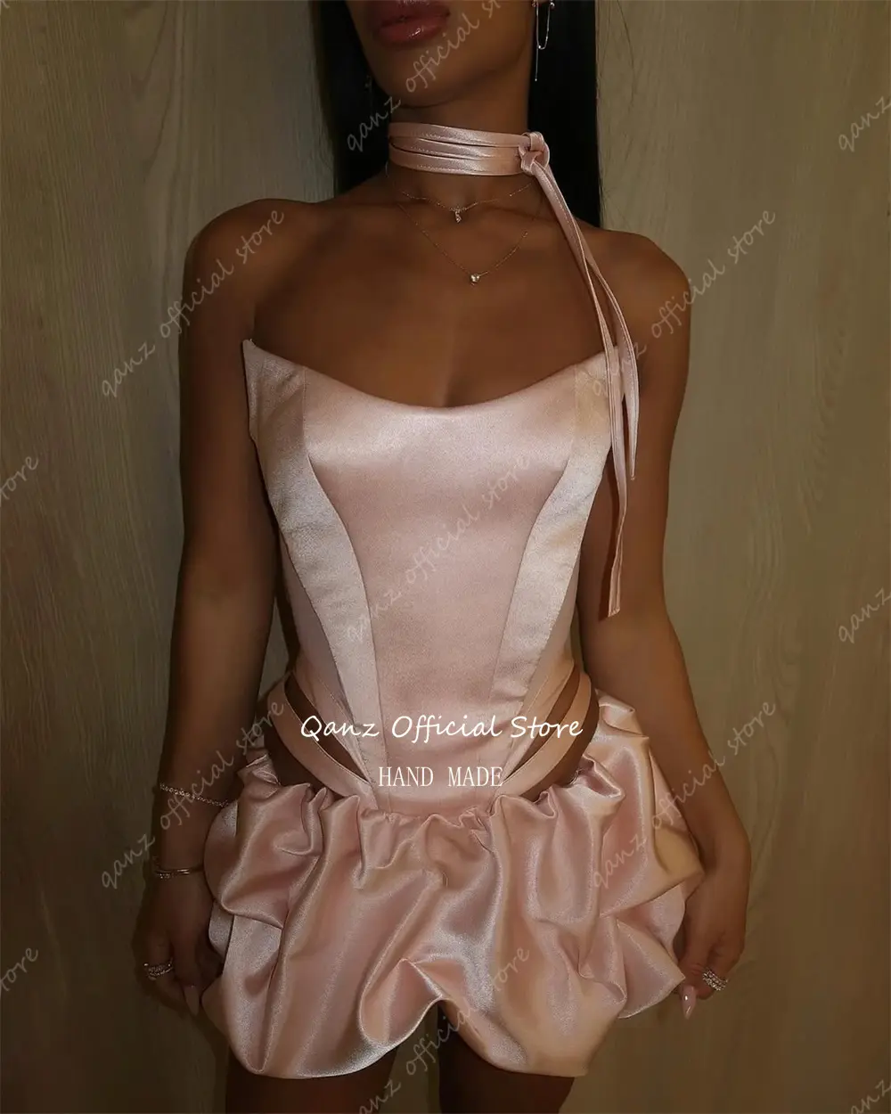 Qanz Sexy Mini Dress Party Night Club Pink Satin Strapless Prom Dresses Corset Back Vestido De Gala Noche Mujer Customized