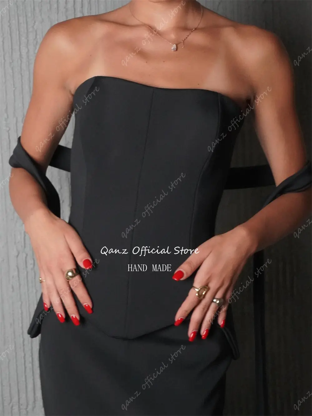 Qanz Vintage Black Satin Evening Dresses Women Strapless Mermaid Formal Occasion Dresses Robes De Soirée 2025 Customized