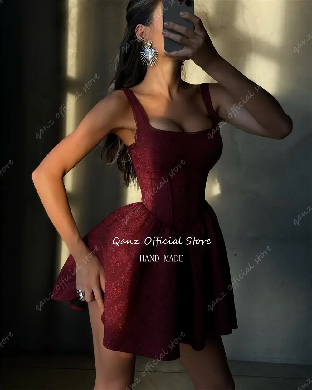 Qanz Burgundy Satin Prom Dresses Short A Line Spaghetti Straps Mini Cocktail Dresses Lace Up Back Dress Women Party Customized