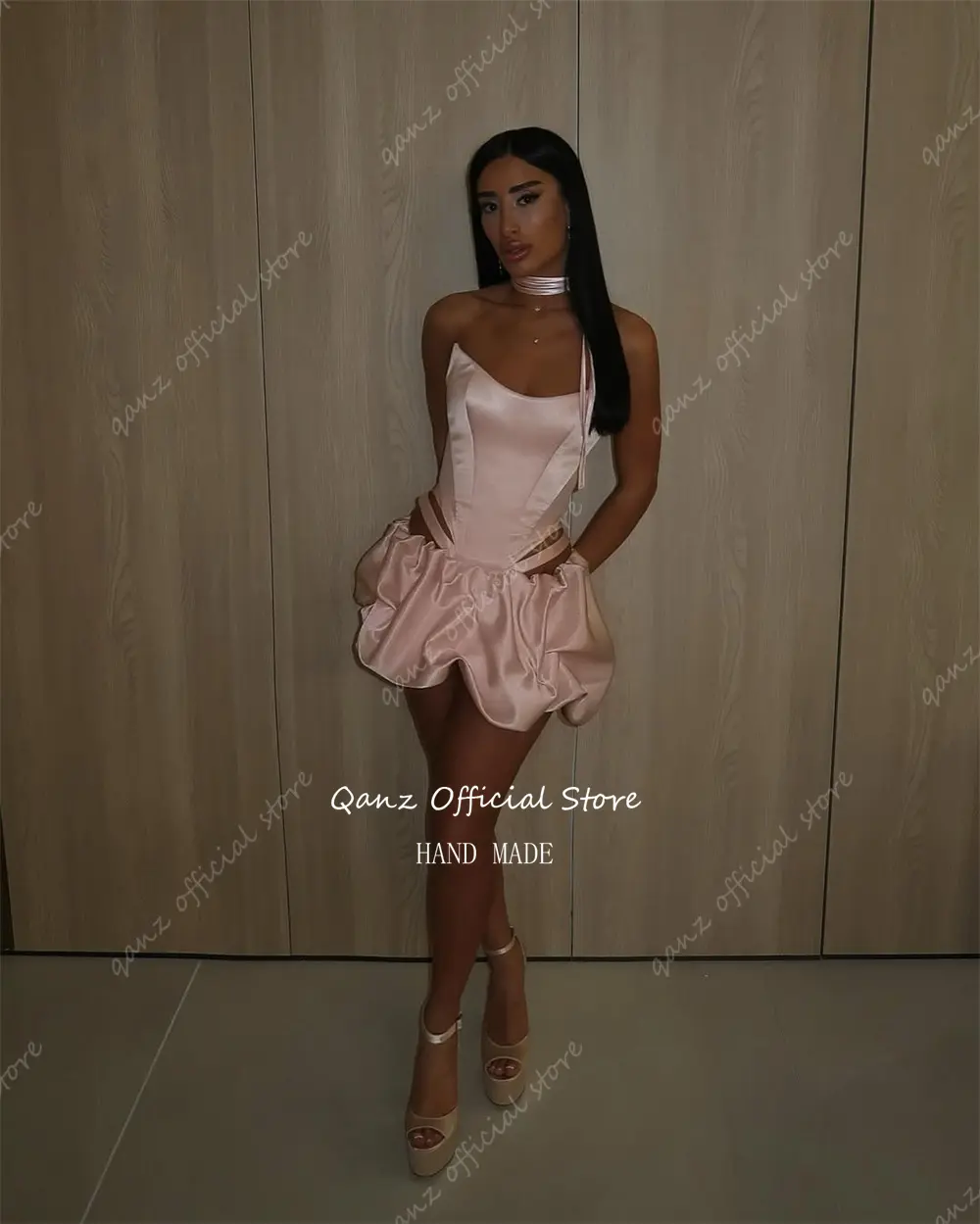 Qanz Sexy Mini Dress Party Night Club Pink Satin Strapless Prom Dresses Corset Back Vestido De Gala Noche Mujer Customized