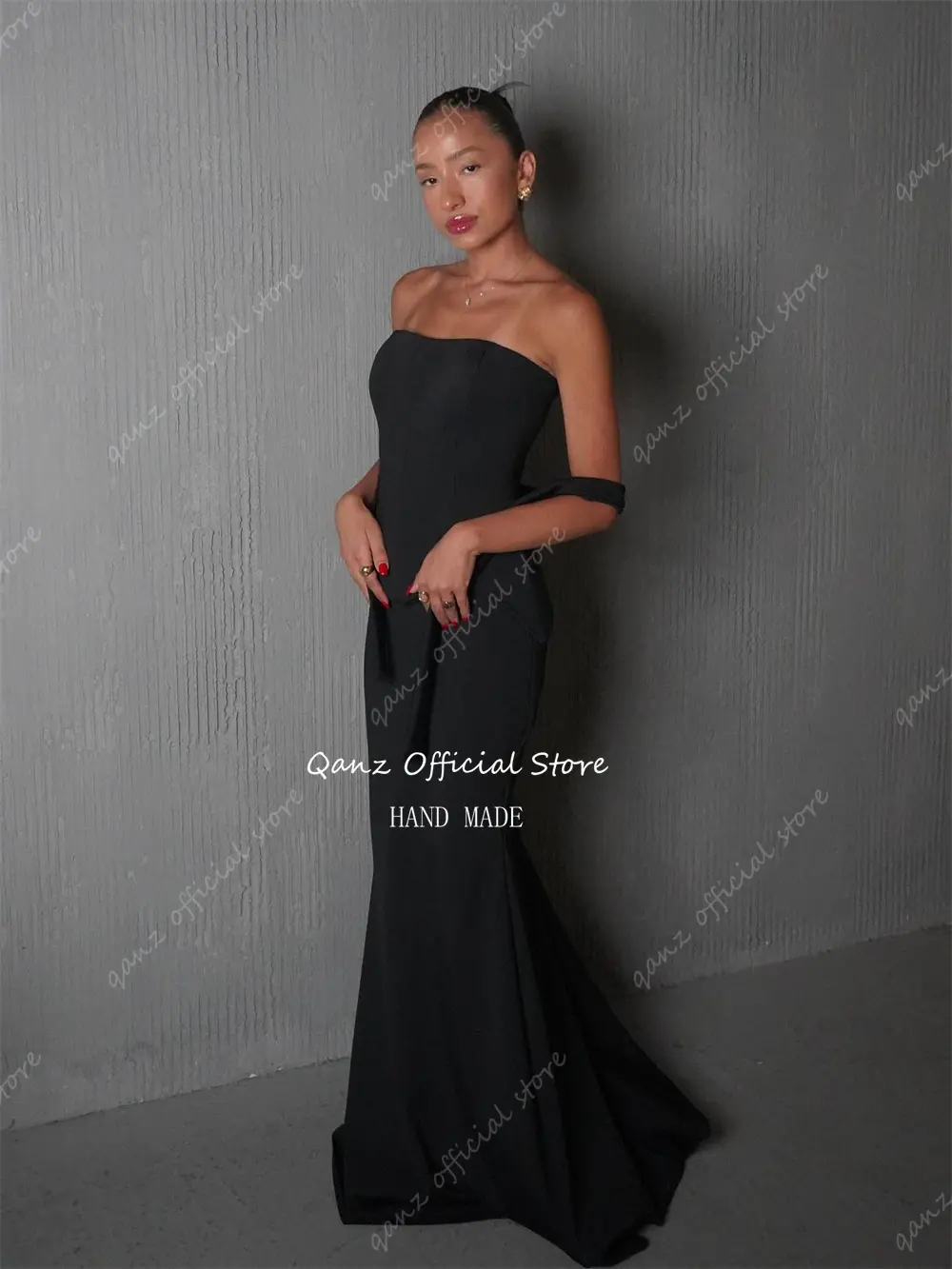 Qanz Vintage Black Satin Evening Dresses Women Strapless Mermaid Formal Occasion Dresses Robes De Soirée 2025 Customized
