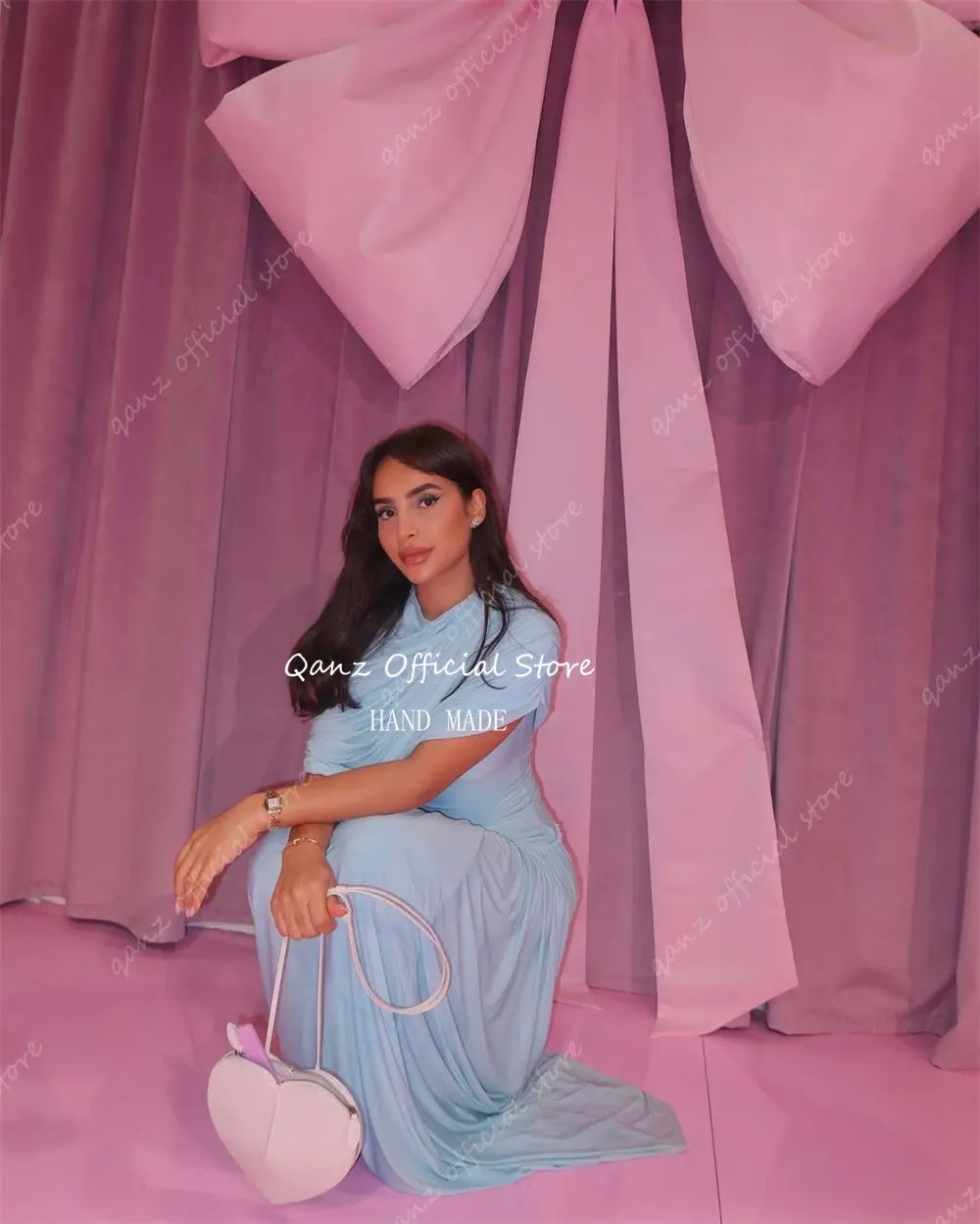Qanz Sky Blue Arab Evening Dresses Chiffon Women Party Prom Dresses O Neck Long Vestidos De Fiesta Elegantes 2025 Customized