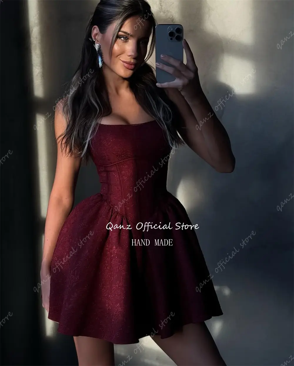 Qanz Burgundy Satin Prom Dresses Short A Line Spaghetti Straps Mini Cocktail Dresses Lace Up Back Dress Women Party Customized