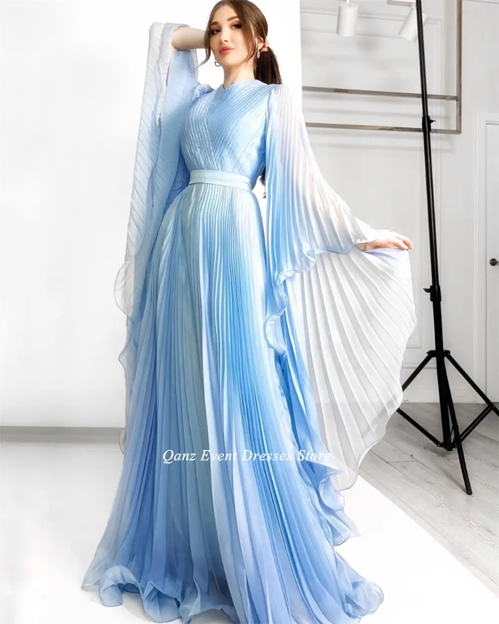 Qanz Sky Blue Long Evening Dresses A Line Full Sleeves Chiffon Customized O Neck Formal Occasion Dresse Vestido De Fiesta Els