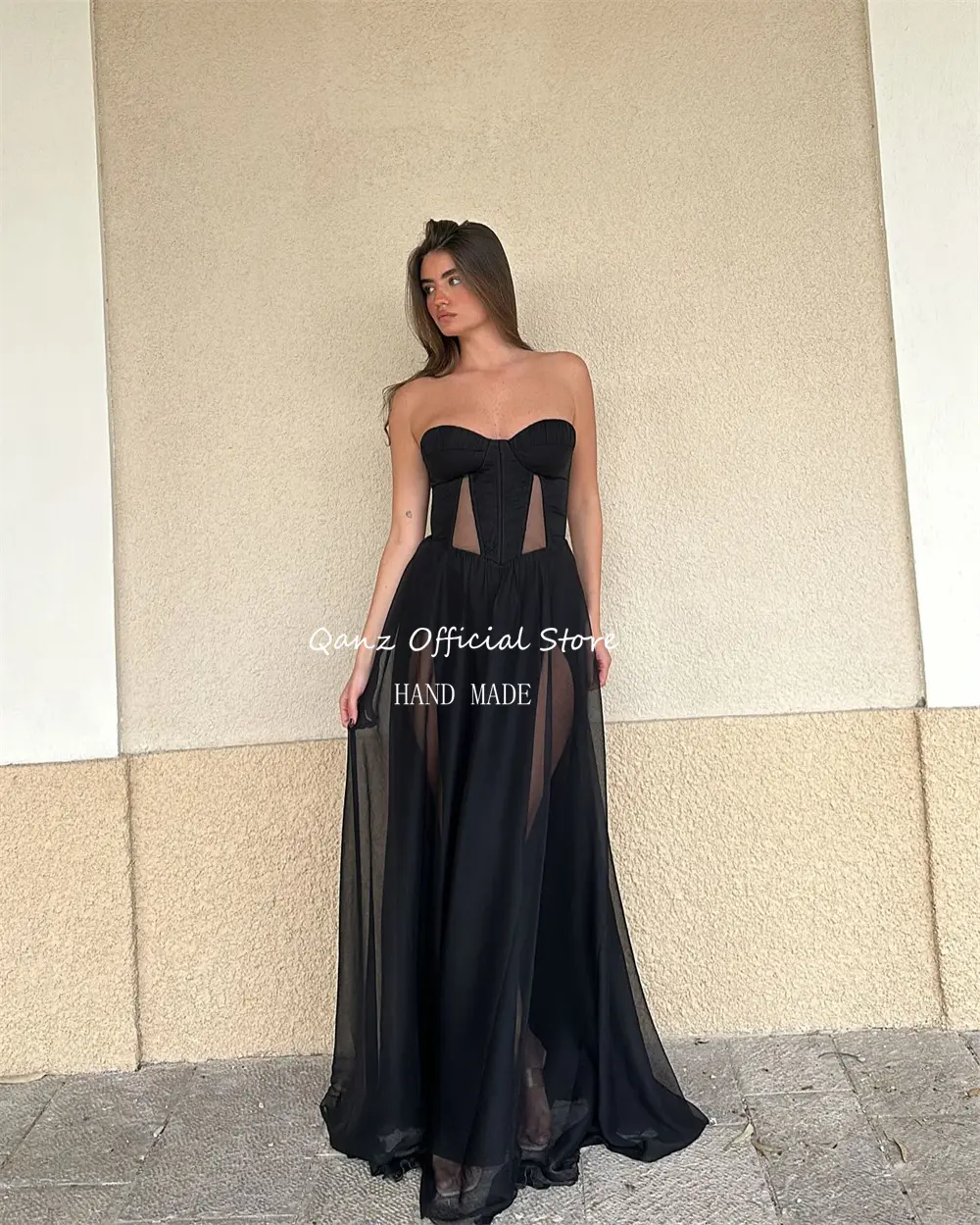 Qanz Elegant Chiffon Prom Dress Long A Line Brown with Scarf Illusion Evening Party Gown Women Formal Occasion Dresse Customized