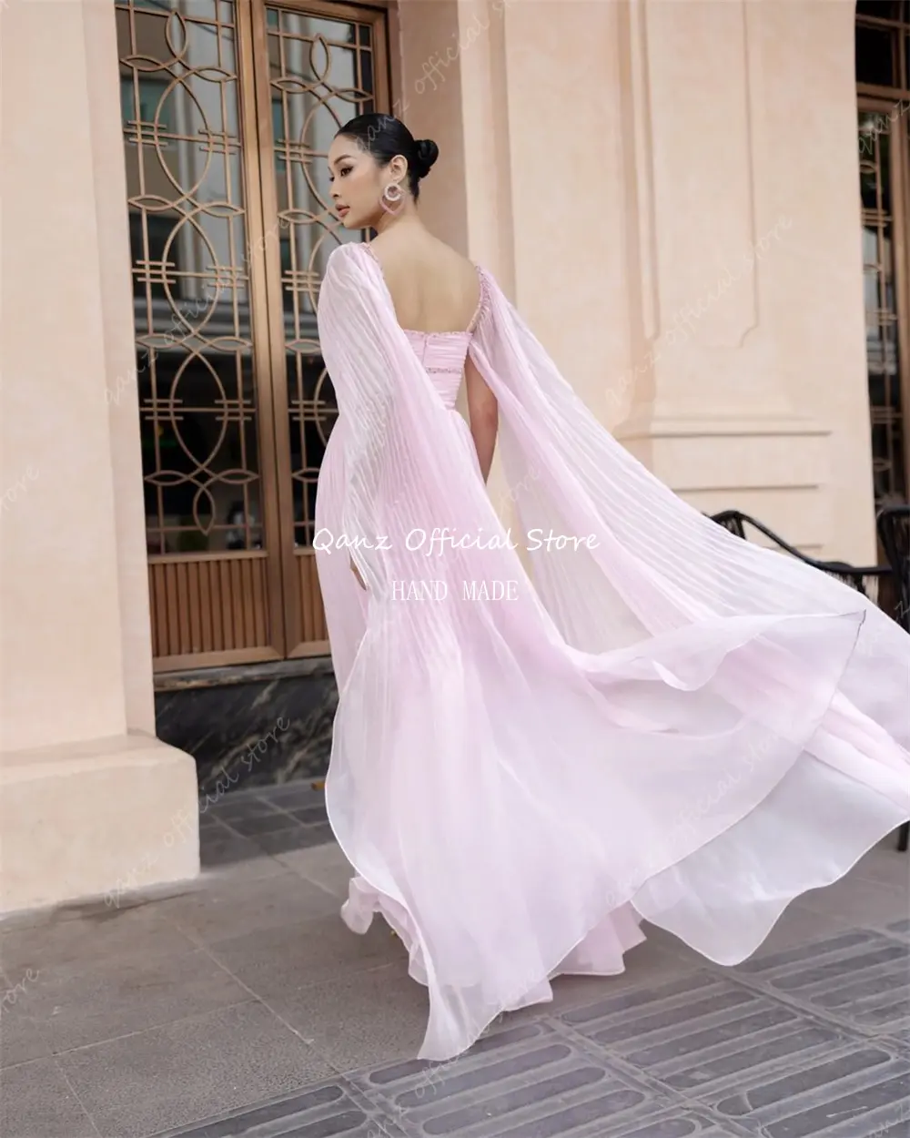 Qanz Elegant Chiffon Evening Dresses Long Cap Sleeves Backless Dubai Pageant Dresses for Women Vestidos De Fiesta Customized