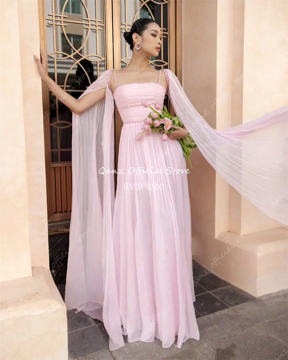 Qanz Elegant Chiffon Evening Dresses Long Cap Sleeves Backless Dubai Pageant Dresses for Women Vestidos De Fiesta Customized
