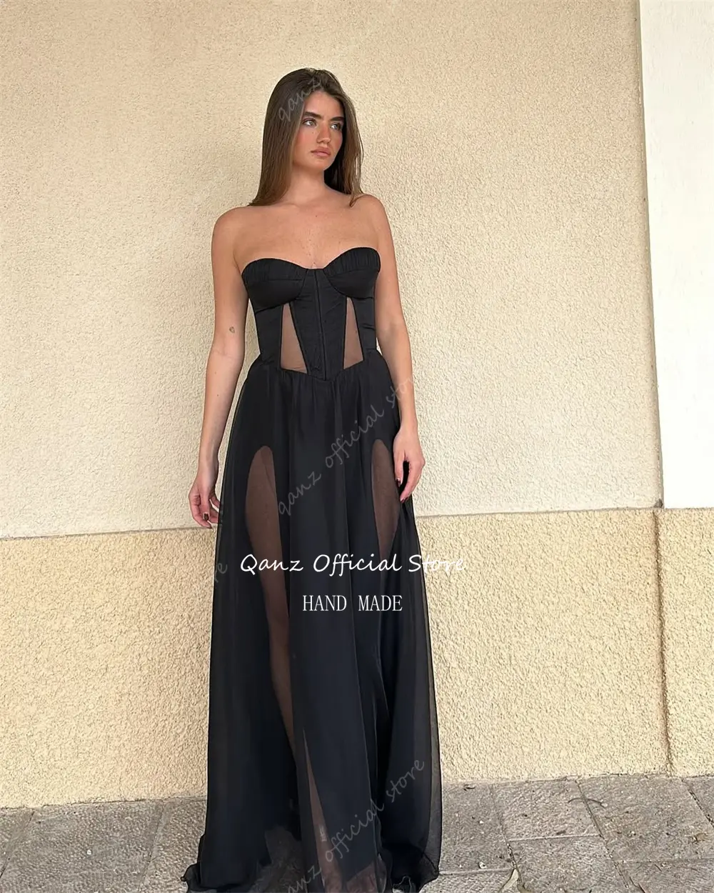 Qanz Elegant Chiffon Prom Dress Long A Line Brown with Scarf Illusion Evening Party Gown Women Formal Occasion Dresse Customized